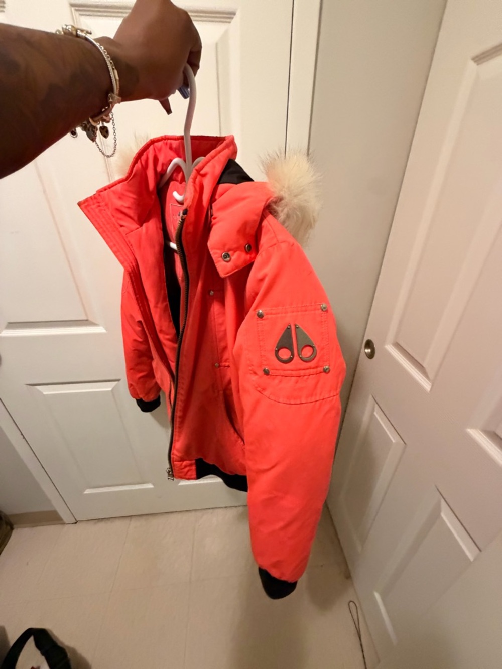 Moose Knuckles Kids Bright Red Puffer Jacket with Faux Fur Trim